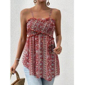 Asymmetrical Hem Floral Print Frill Trim Cami Top